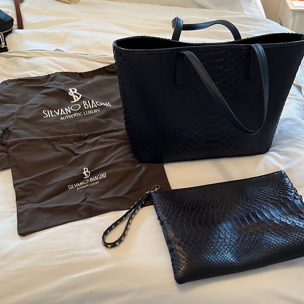 Silvano Biagini Navy Python Tote & Matching Poche… - image 1
